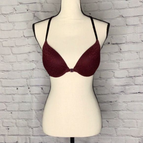 PINK Victoria’s Secret Wine and Black Push Up Pigeonnant Front Closure Bra 34C - Picture 1 of 12